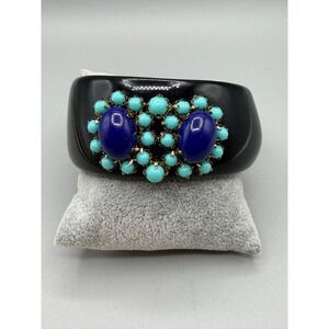 Vintage Black Lucite Wide Bangle Bracelet Blue Cabochon Turquoise Cluster #1045